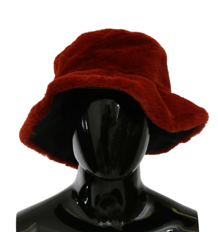 Dolce &amp; Gabbana Red Bordeaux Fur Wide Brim Bucket  Hat