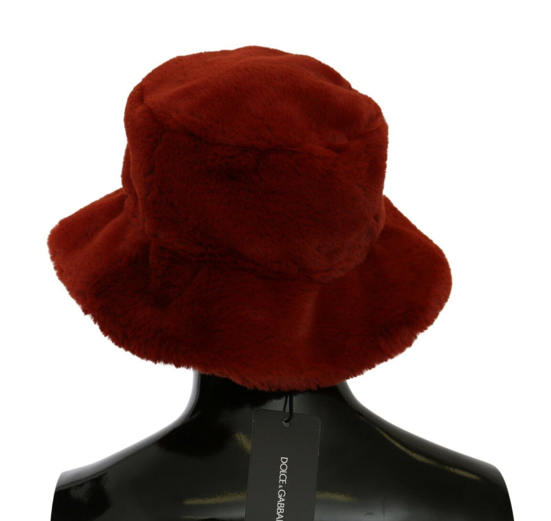 Dolce &amp; Gabbana Red Bordeaux Fur Wide Brim Bucket  Hat