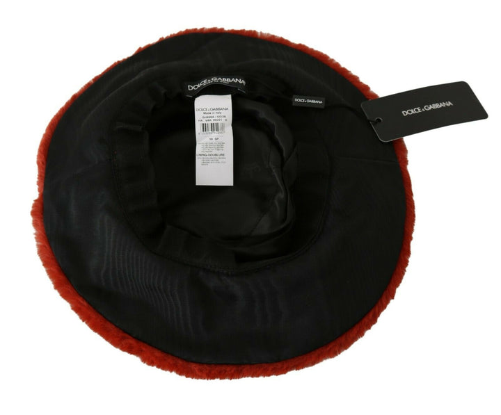 Dolce &amp; Gabbana Red Bordeaux Fur Wide Brim Bucket  Hat