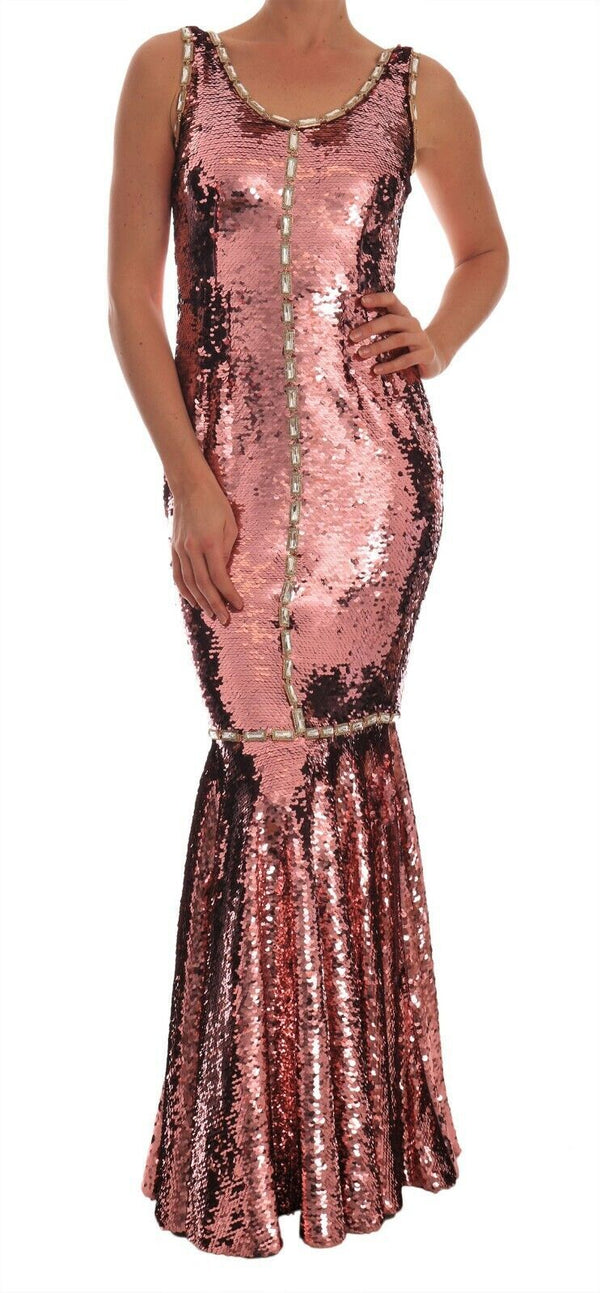 Dolce & Gabbana Pink Sequined Sheath Crystal Dress Gown women’s dress