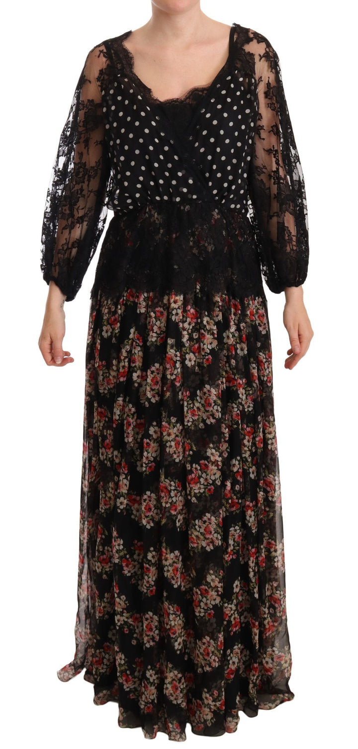 Dolce &amp; Gabbana Black Lace Floral Polka Maxi Capri Dress women’s dress