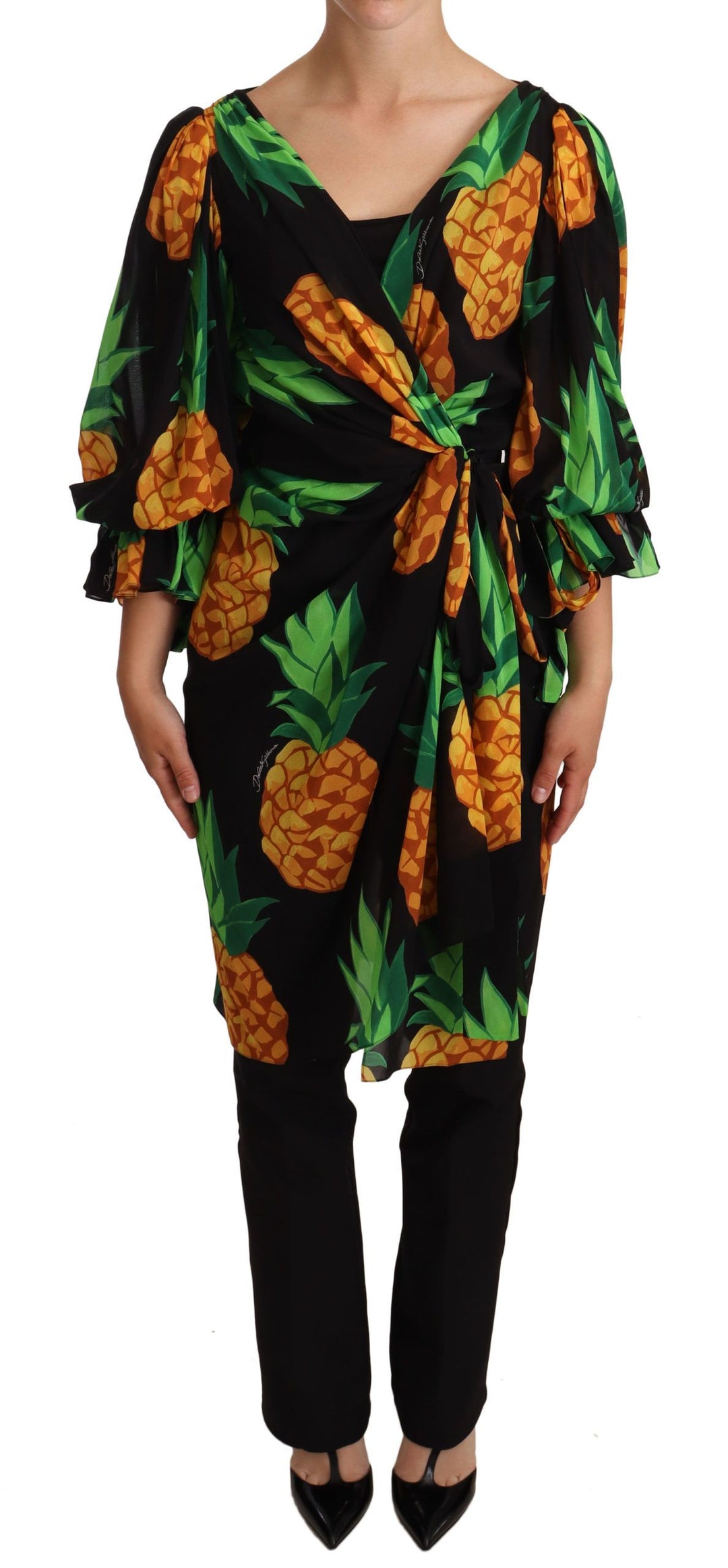 Dolce &amp; Gabbana Black Ananas Print Wrap Stretch Silk Dress women’s dress