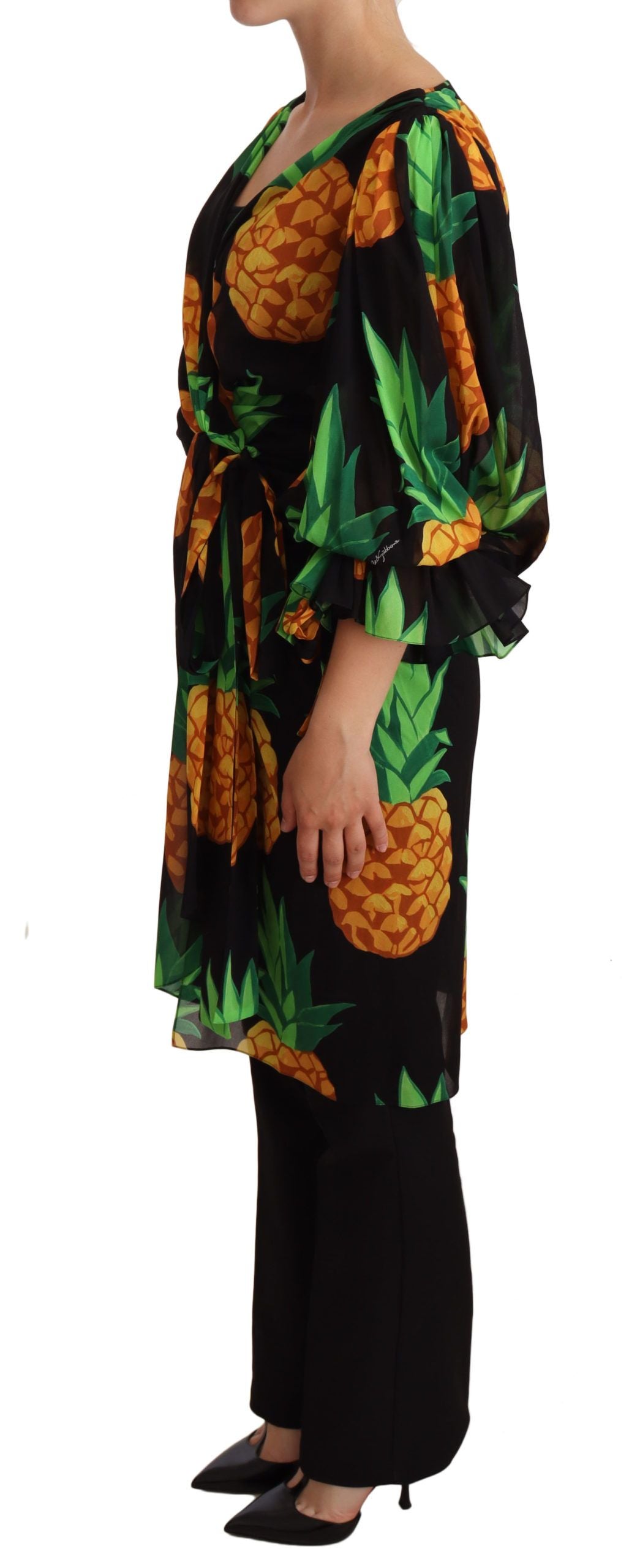 Dolce &amp; Gabbana Black Ananas Print Wrap Stretch Silk Dress women’s dress