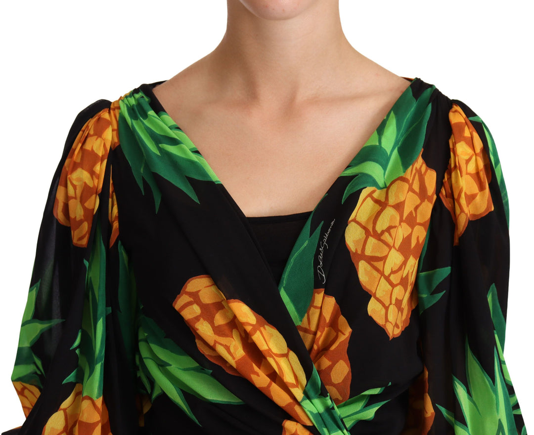 Dolce &amp; Gabbana Black Ananas Print Wrap Stretch Silk Dress women’s dress