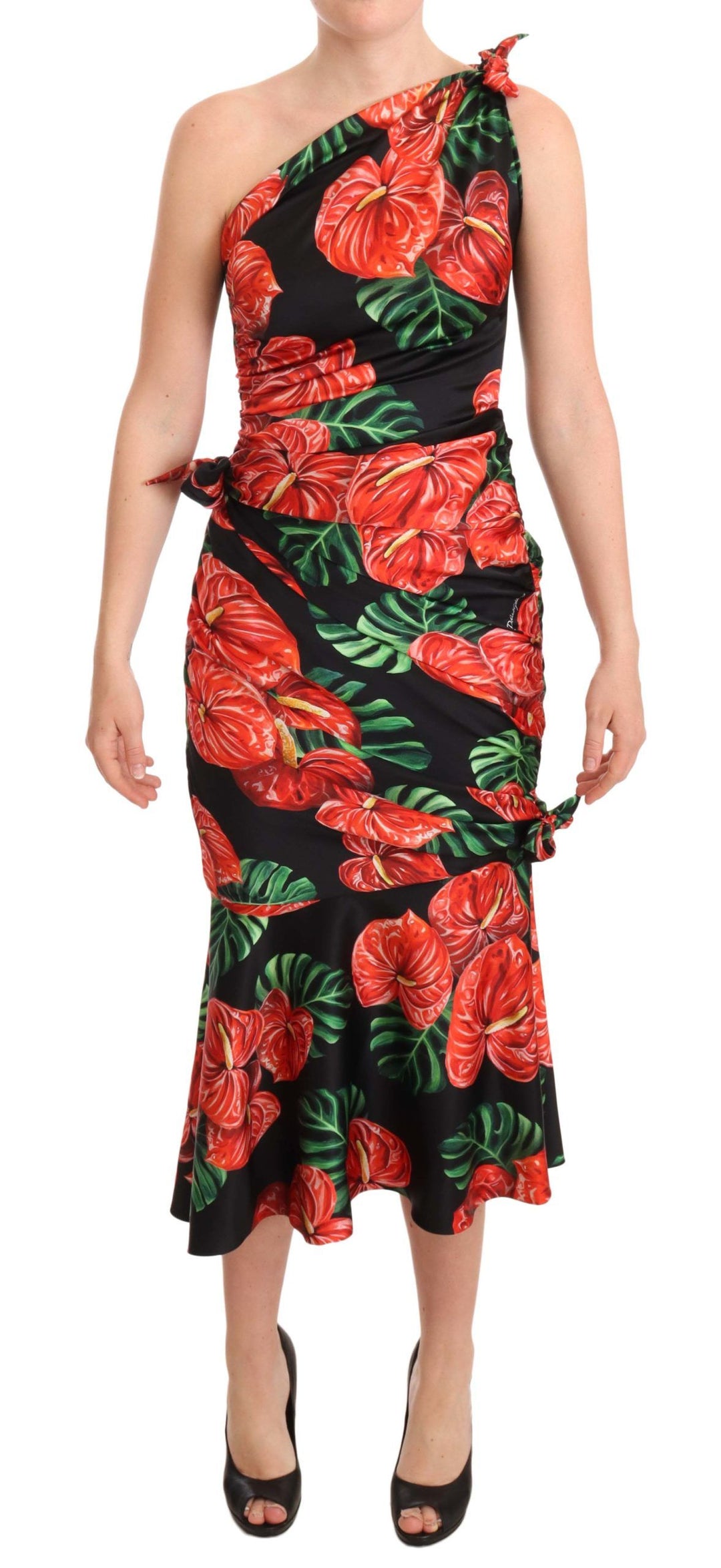 Dolce &amp; Gabbana Black Shiny Silk Floral Print Draped Dress women’s dress