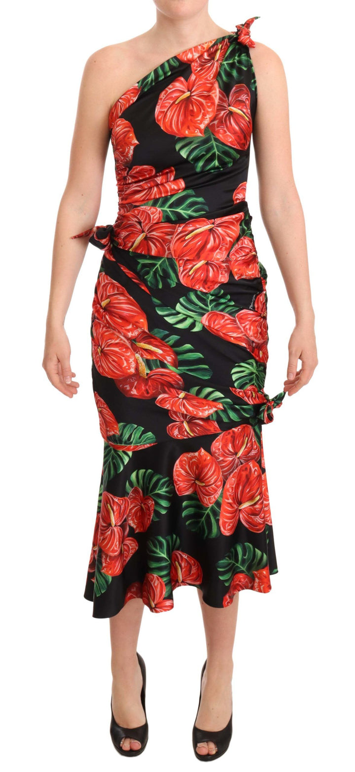 Dolce &amp; Gabbana Black Shiny Silk Floral Print Draped Dress women’s dress