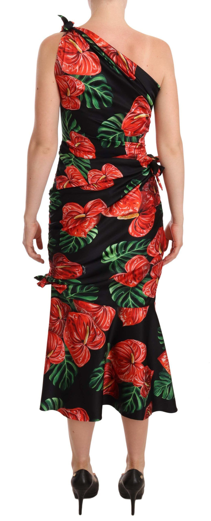 Dolce &amp; Gabbana Black Shiny Silk Floral Print Draped Dress women’s dress