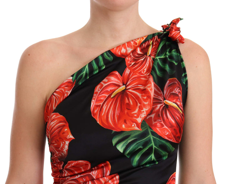 Dolce &amp; Gabbana Black Shiny Silk Floral Print Draped Dress women’s dress