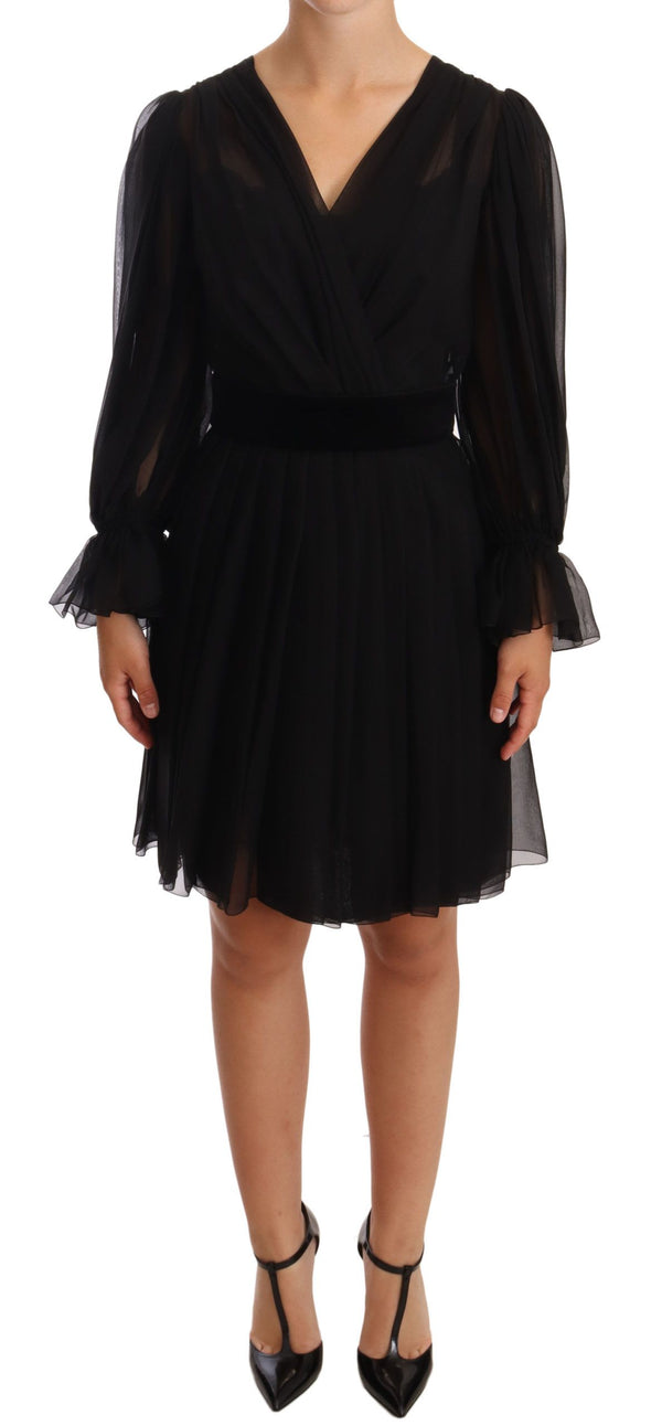 Dolce & Gabbana Black Mesh Pleated Mini Silk Stretch Dress women’s dress