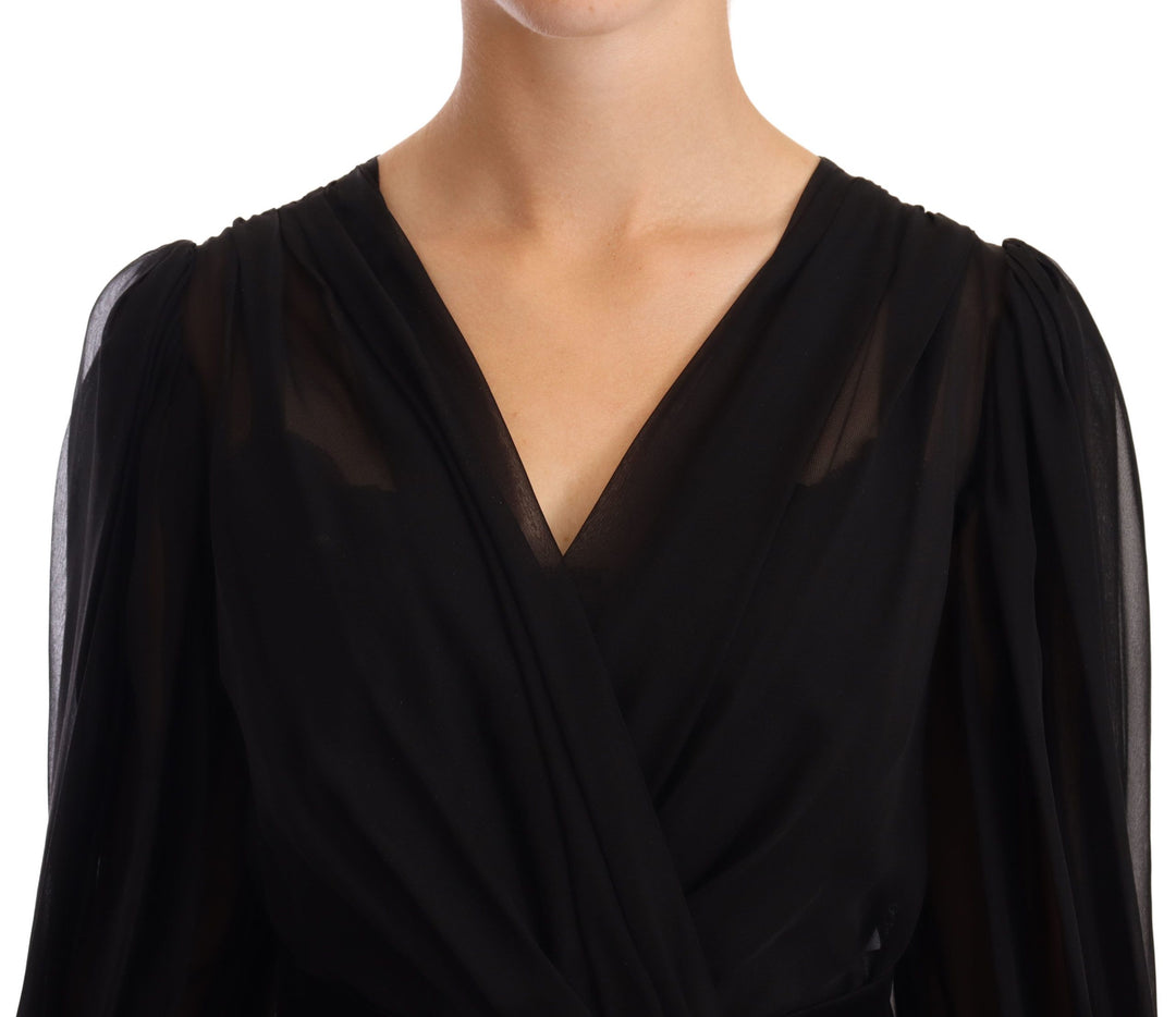 Dolce &amp; Gabbana Black Mesh Pleated Mini Silk Stretch Dress women’s dress