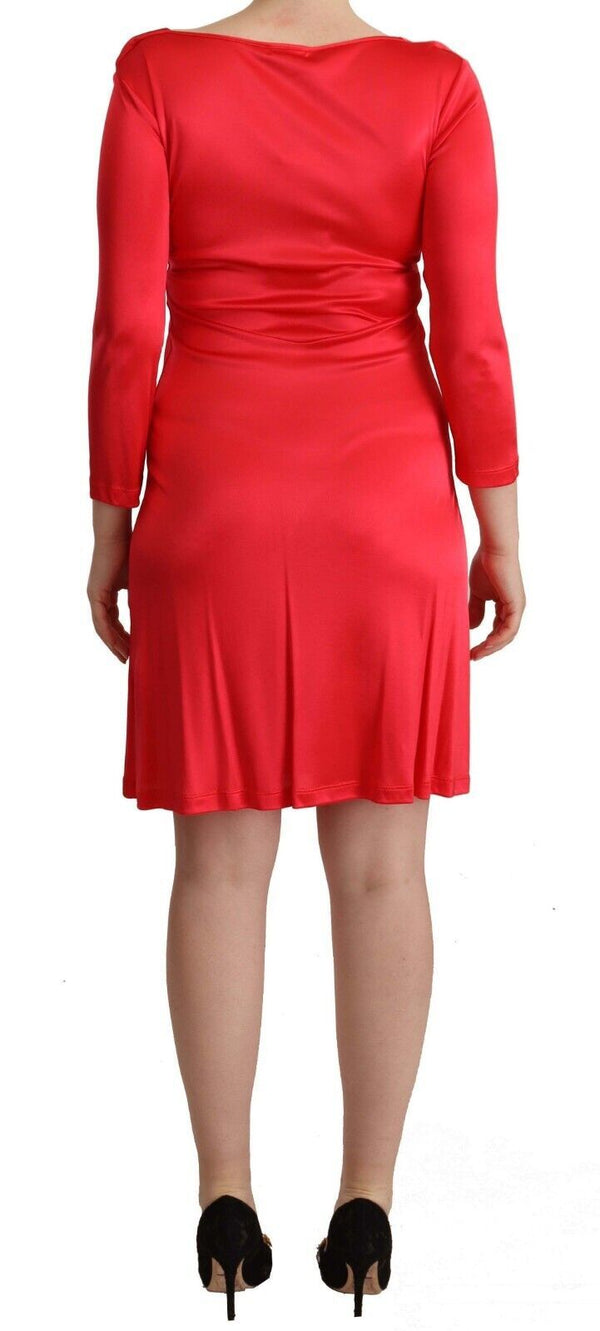 John Galliano Red Viscose 3/4 Sleeves Deep Round Neck Sheath Dress women’s dress