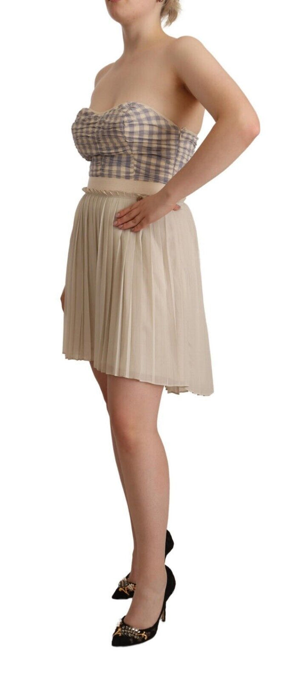 Guess Beige Checkered Pleated A-line Strapless Bustier Dress women’s dress