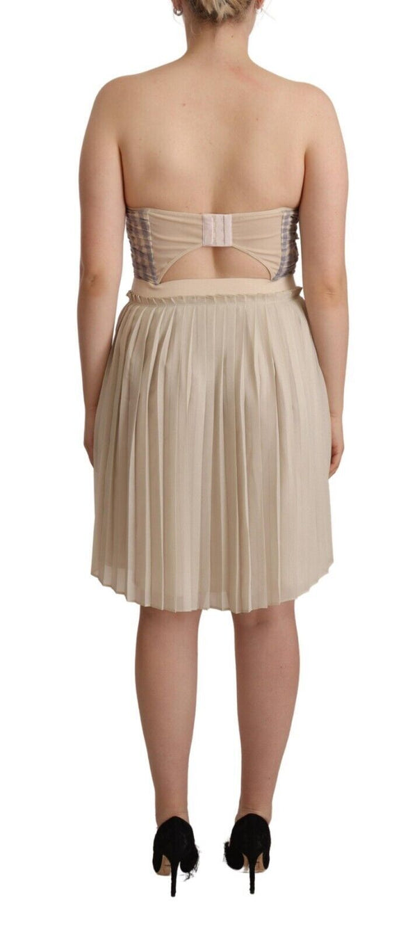 Guess Beige Checkered Pleated A-line Strapless Bustier Dress women’s dress
