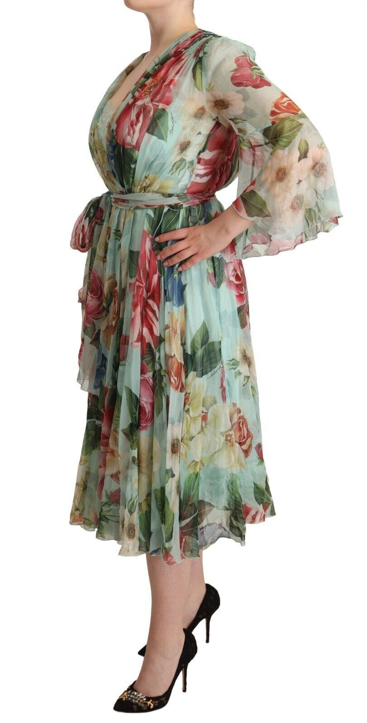 Dolce &amp; Gabbana Green Floral Long Sleeves V-neck Midi Dress women’s dress