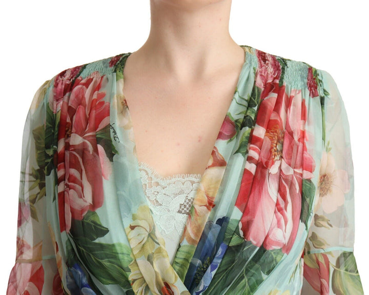 Dolce &amp; Gabbana Green Floral Long Sleeves V-neck Midi Dress women’s dress
