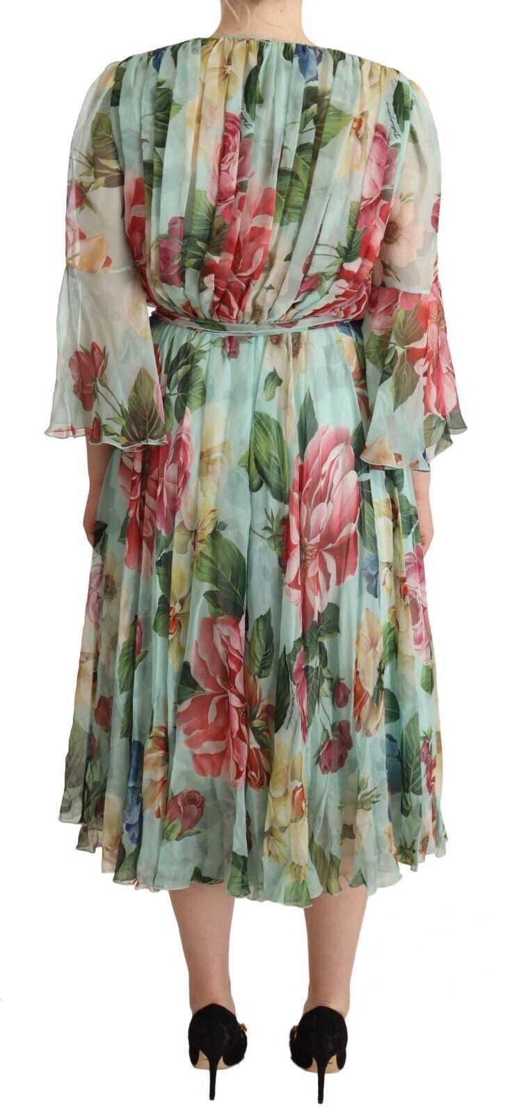 Dolce &amp; Gabbana Green Floral Long Sleeves V-neck Midi Dress women’s dress