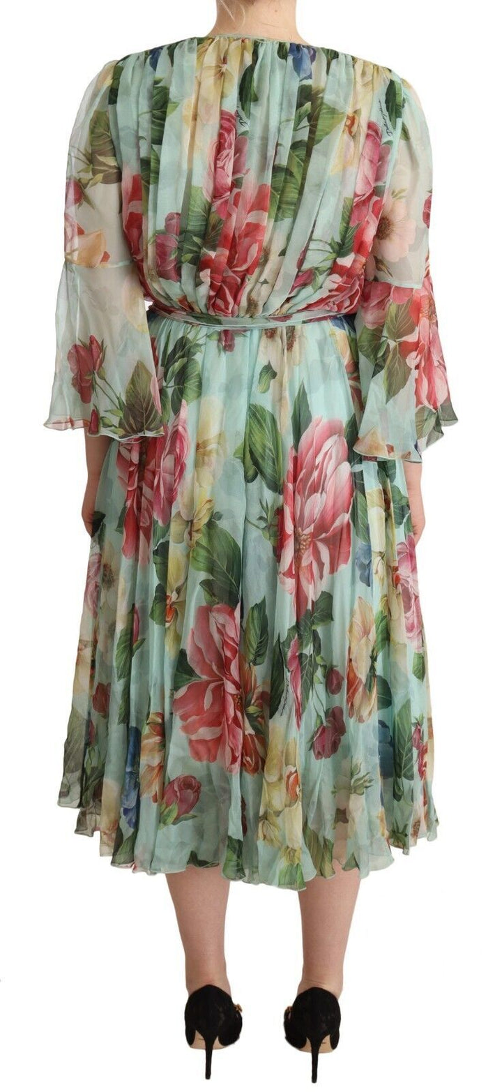Dolce &amp; Gabbana Green Floral Long Sleeves V-neck Midi Dress women’s dress