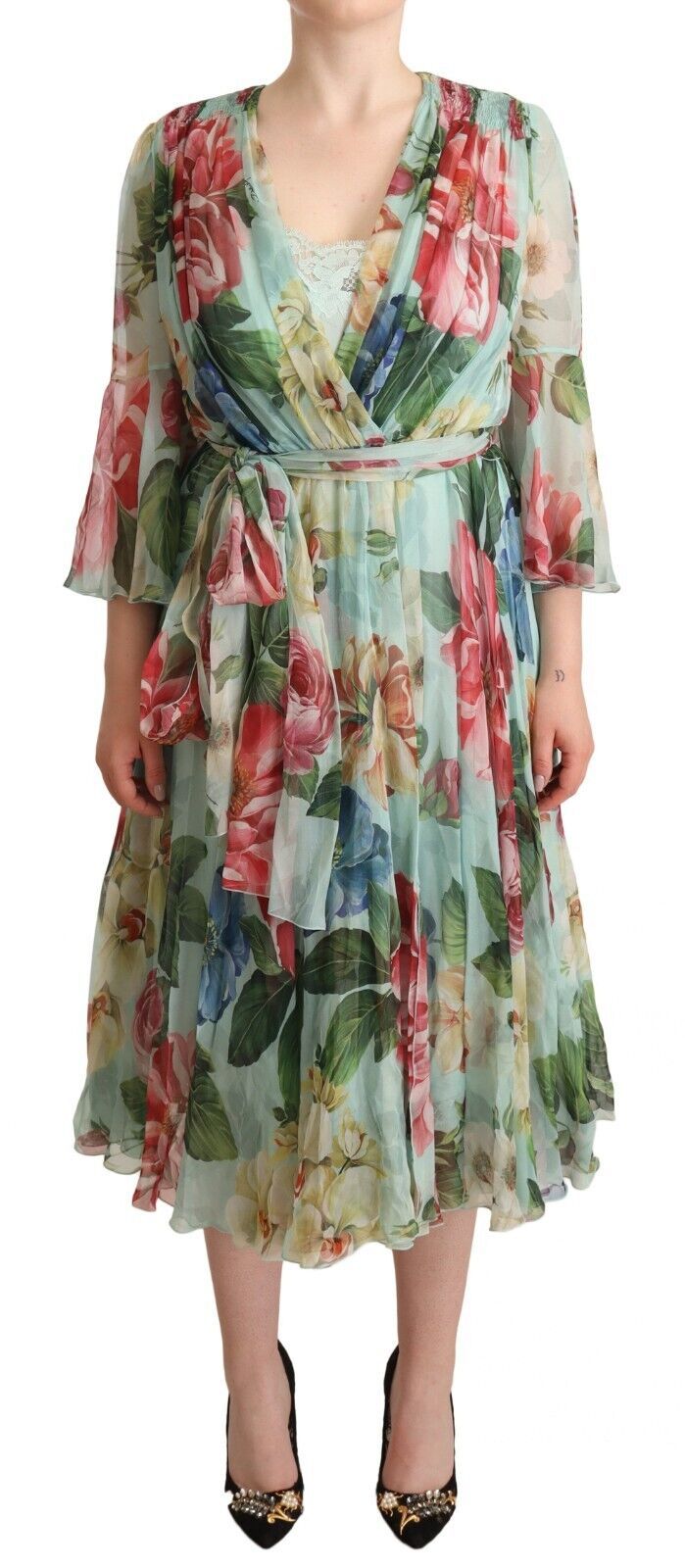Dolce &amp; Gabbana Green Floral Long Sleeves V-neck Midi Dress women’s dress