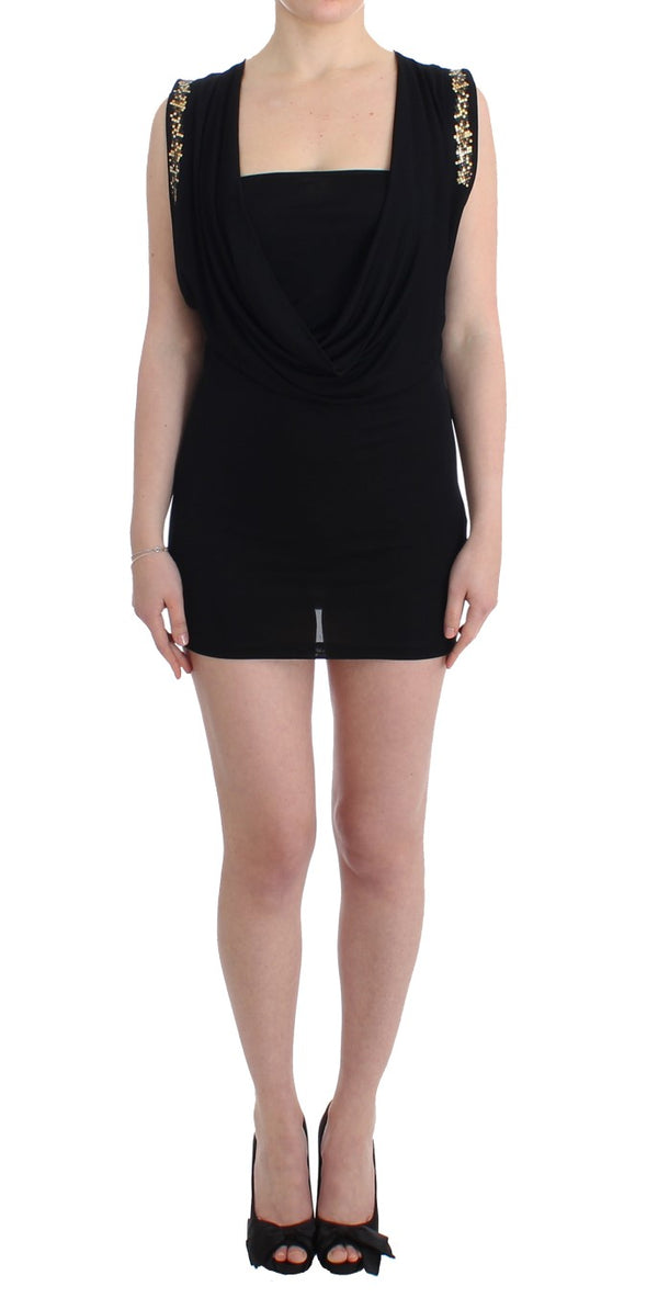 Roccobarocco Black Embellished Jersey Mini Sheath Short Dress women’s dress
