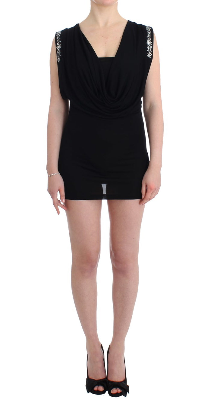 Roccobarocco Black Embellished Jersey Mini Sheath Short Dress women’s dress