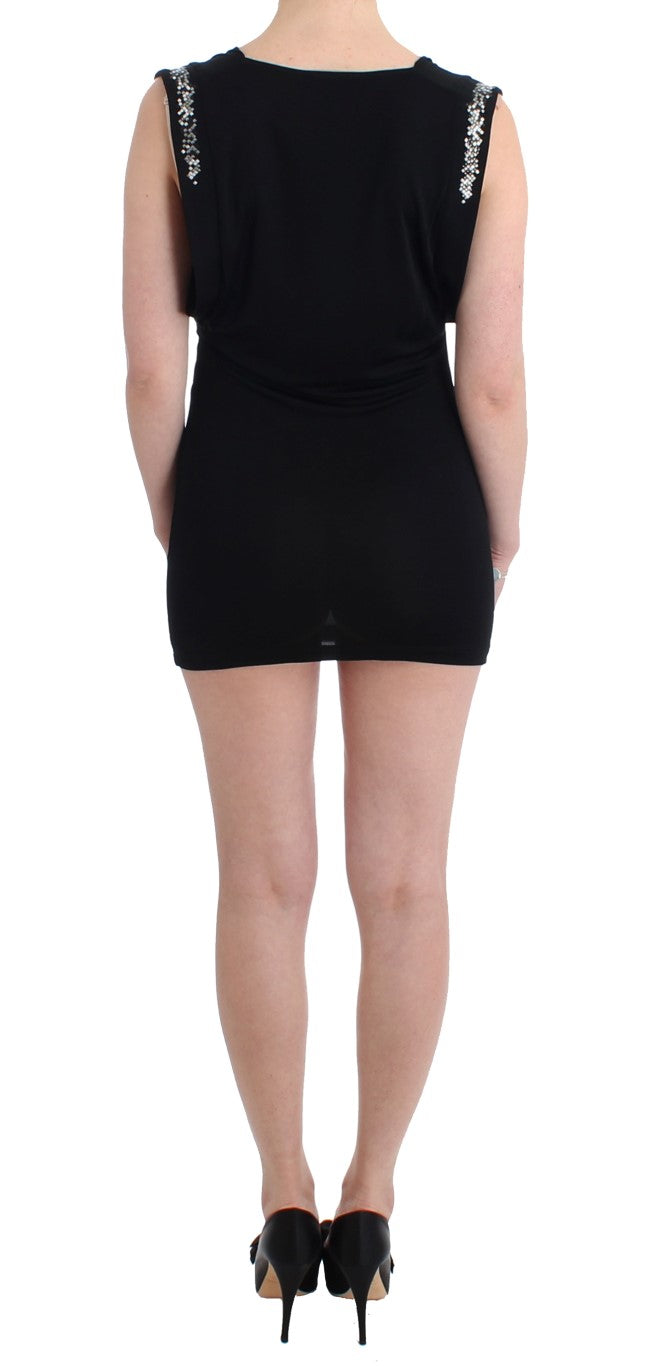 Roccobarocco Black Embellished Jersey Mini Sheath Short Dress women’s dress