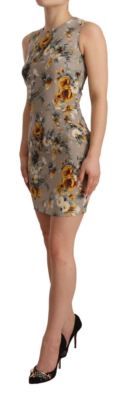 Dolce & Gabbana Gray Silk Stretch Floral Sheath Mini Dress women’s dress