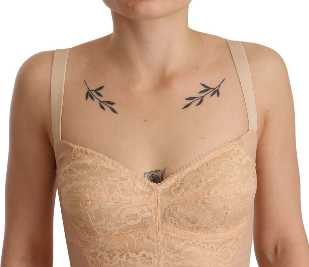 Dolce &amp; Gabbana Beige Nylon Floral Lace Bodysuit Underwear