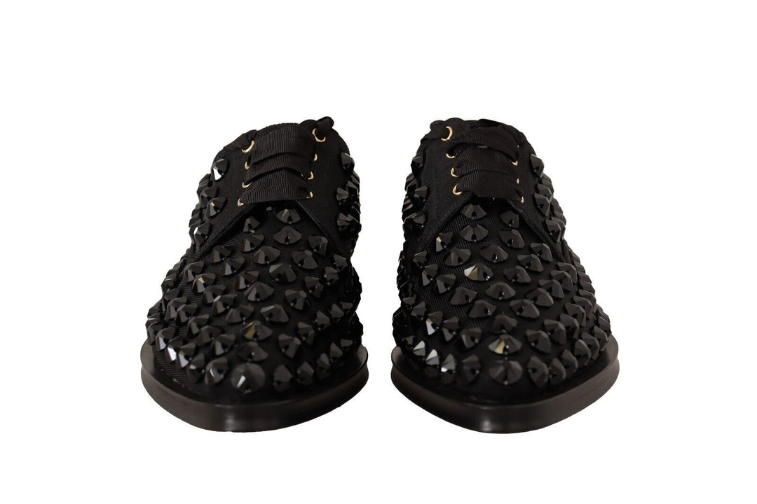 Dolce &amp; Gabbana Black Lace Up Studded Formal Flats Shoes