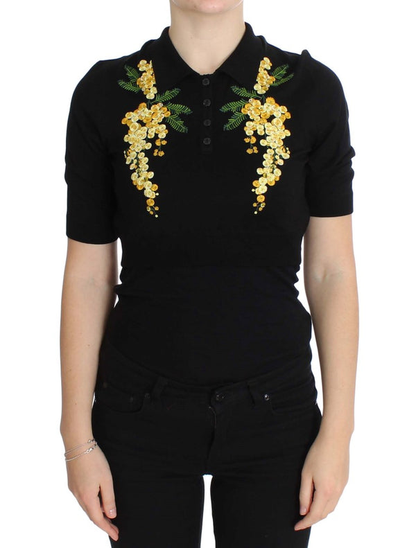 Dolce & Gabbana - Black Silk Floral Embroidered Polo Top