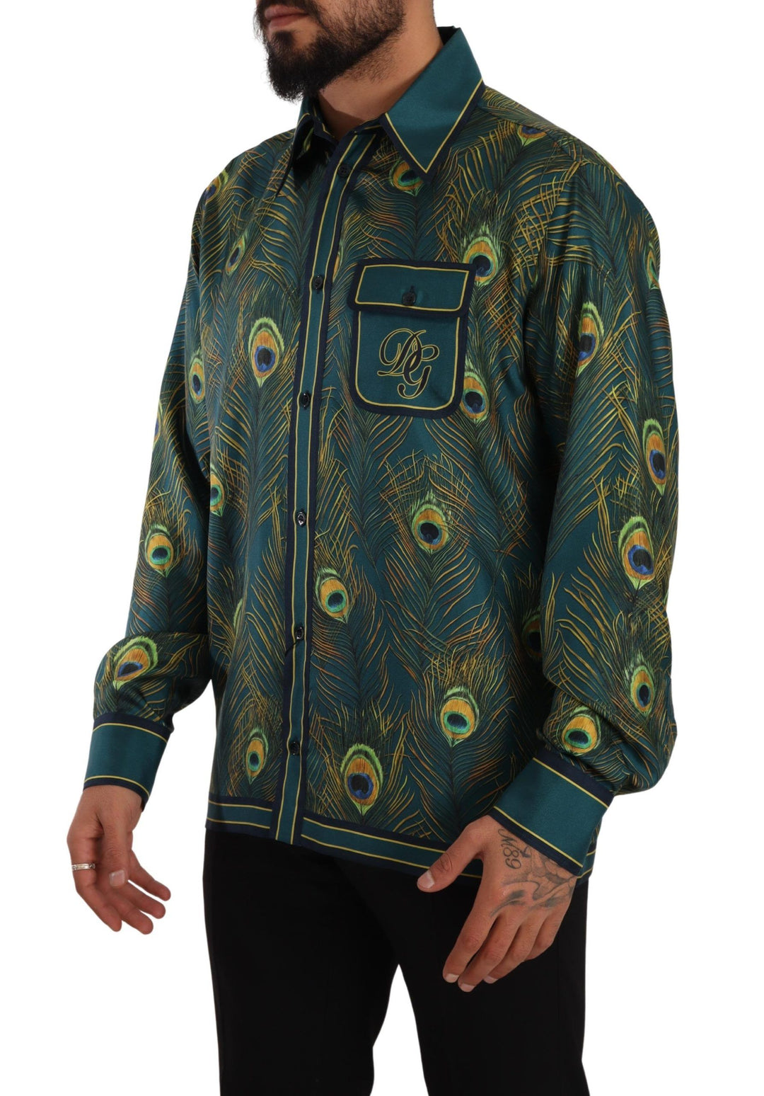 Dolce &amp; Gabbana Peacock Feather Print Silk Pajama Mens Shirt