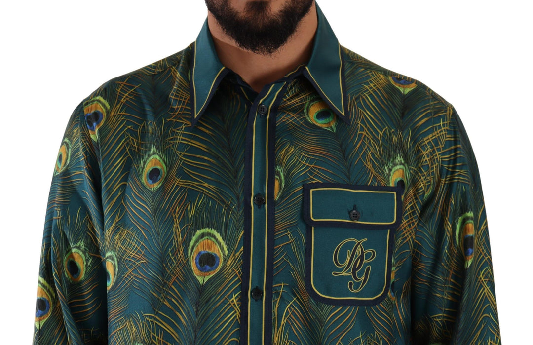 Dolce &amp; Gabbana Peacock Feather Print Silk Pajama Mens Shirt