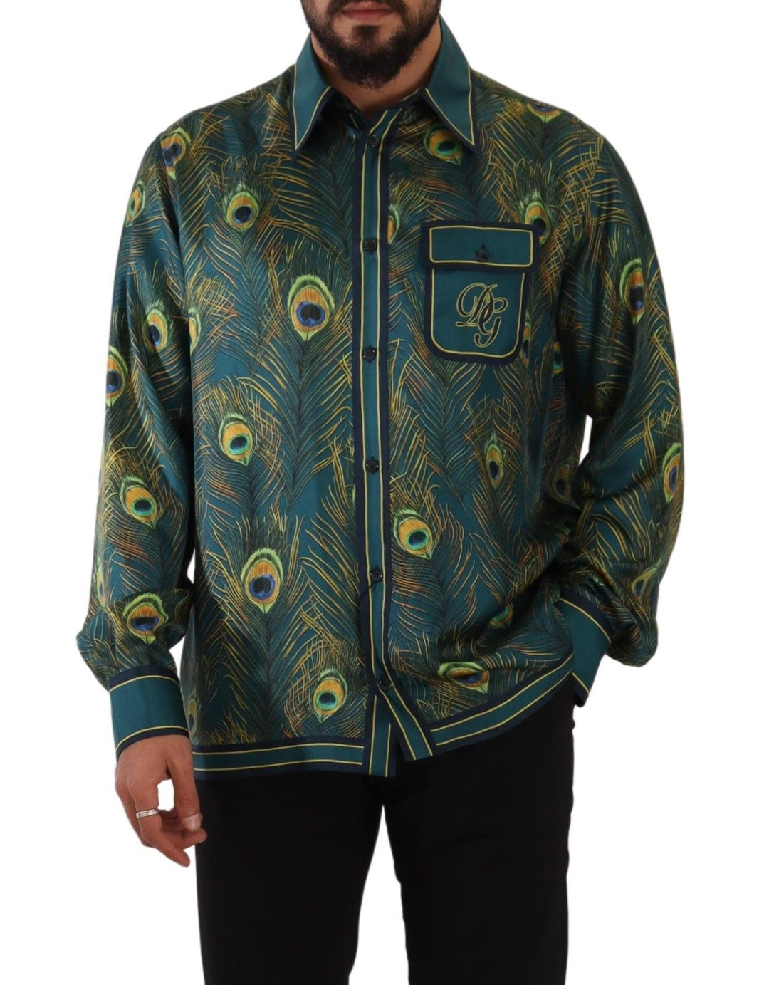 Dolce &amp; Gabbana Peacock Feather Print Silk Pajama Mens Shirt