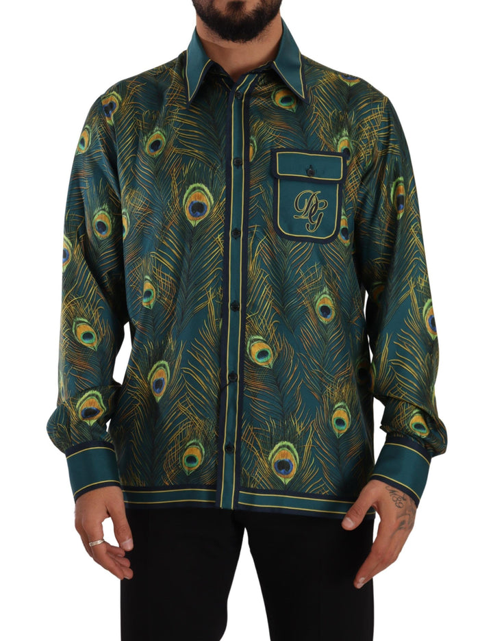 Dolce &amp; Gabbana Peacock Feather Print Silk Pajama Mens Shirt