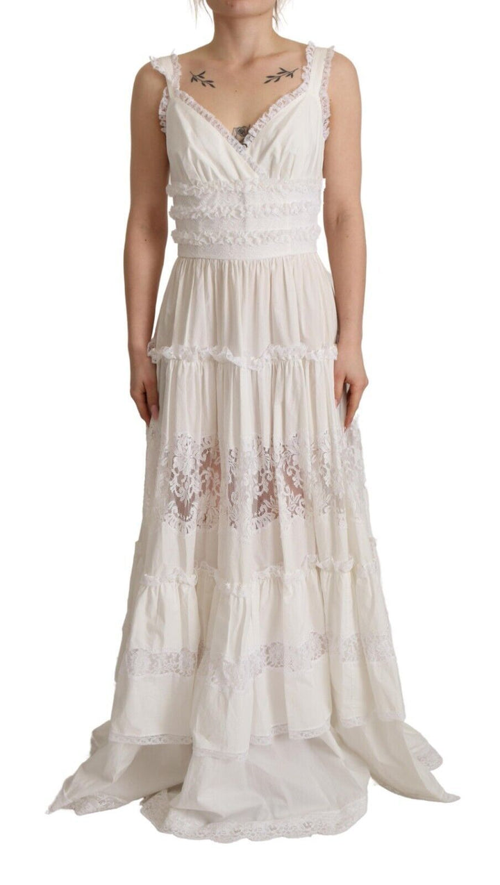 Dolce &amp; Gabbana White Cotton Tiered Long Maxi A-line Dress women’s dress