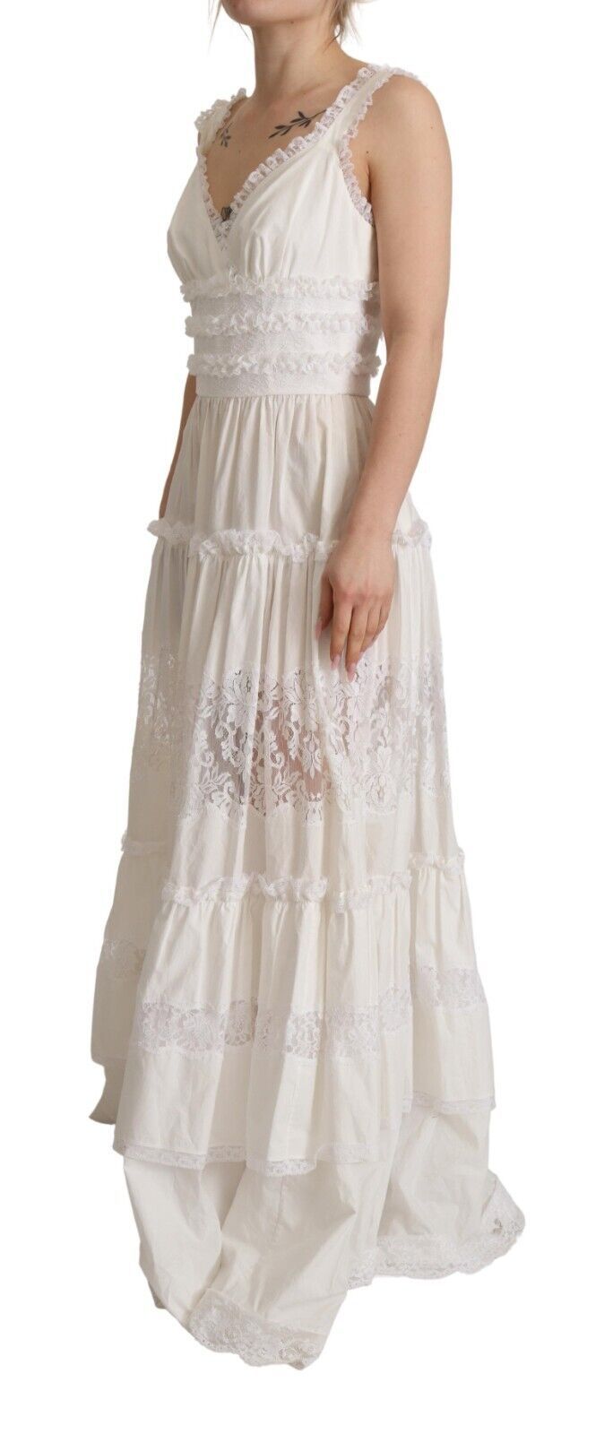 Dolce &amp; Gabbana White Cotton Tiered Long Maxi A-line Dress women’s dress