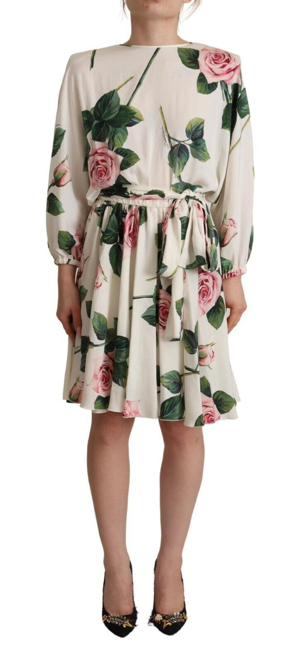Dolce & Gabbana White Rose Print Long Sleeves A-line Dress women’s dress