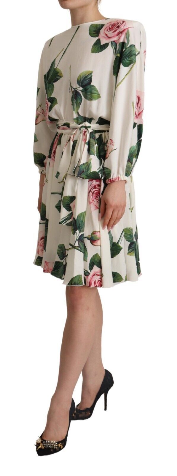 Dolce & Gabbana White Rose Print Long Sleeves A-line Dress women’s dress