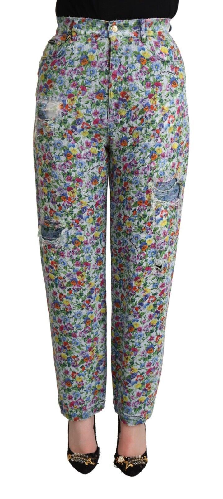 Jean fuselé taille haute à fleurs Dolce &amp;amp; Gabbana