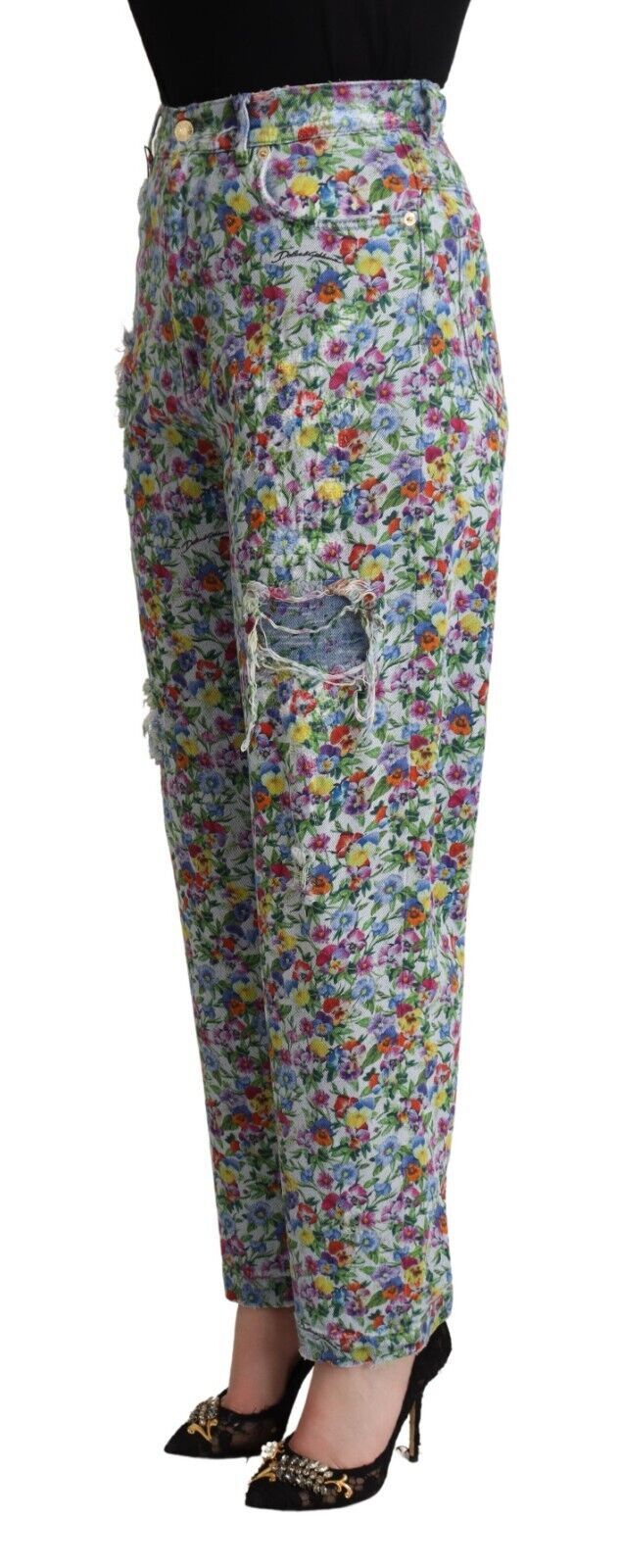 Jean fuselé taille haute à fleurs Dolce &amp;amp; Gabbana