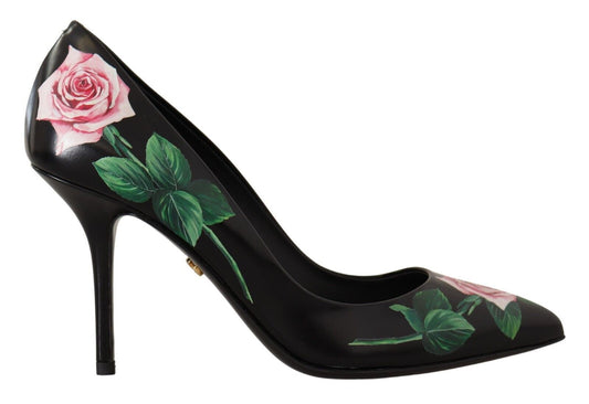 Dolce &amp; Gabbana - Escarpins élégants en cuir noir à imprimé roses