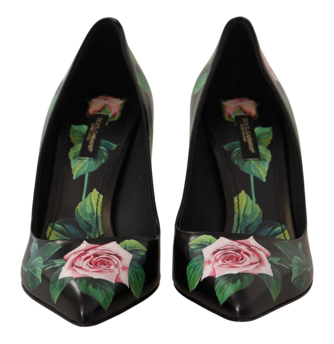 Dolce &amp;amp; Gabbana - Escarpins élégants en cuir noir à imprimé roses