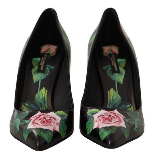 Dolce &amp; Gabbana - Escarpins élégants en cuir noir à imprimé roses
