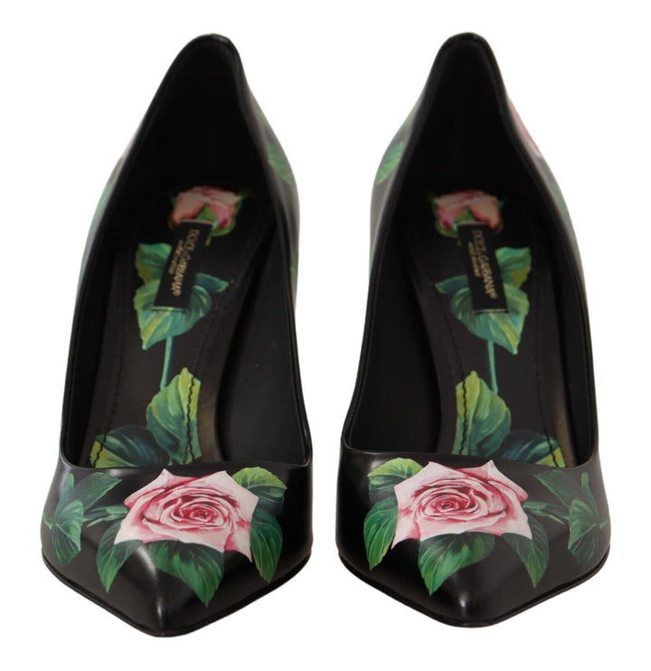 Dolce &amp;amp; Gabbana - Escarpins élégants en cuir noir à imprimé roses