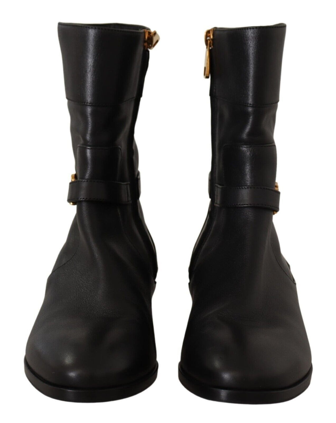 Dolce &amp; Gabbana Black Leather Flats Logo Short Boots Shoes