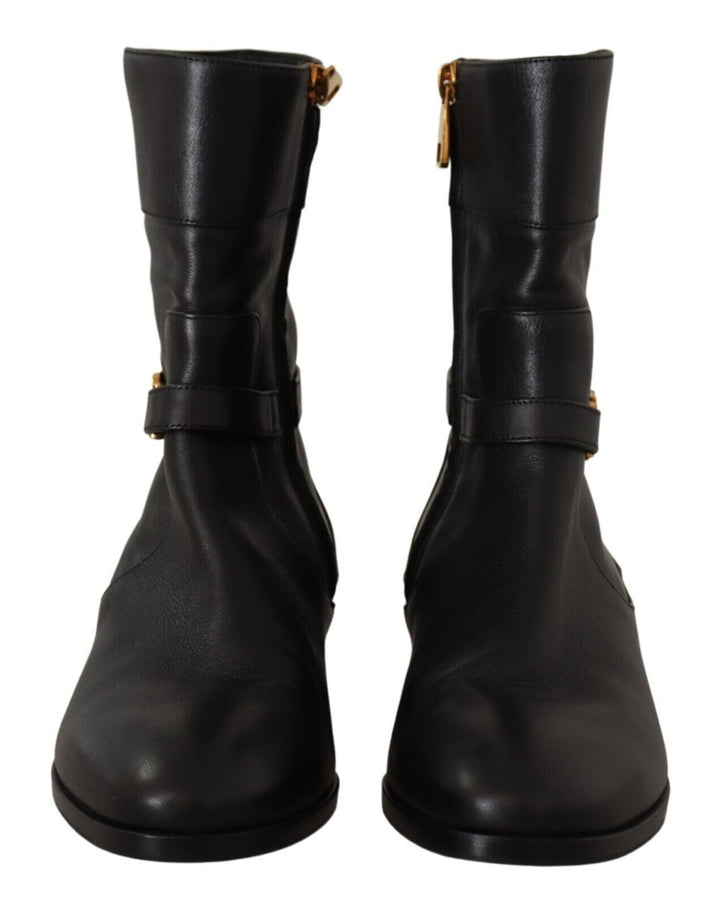 Dolce &amp; Gabbana Black Leather Flats Logo Short Boots Shoes