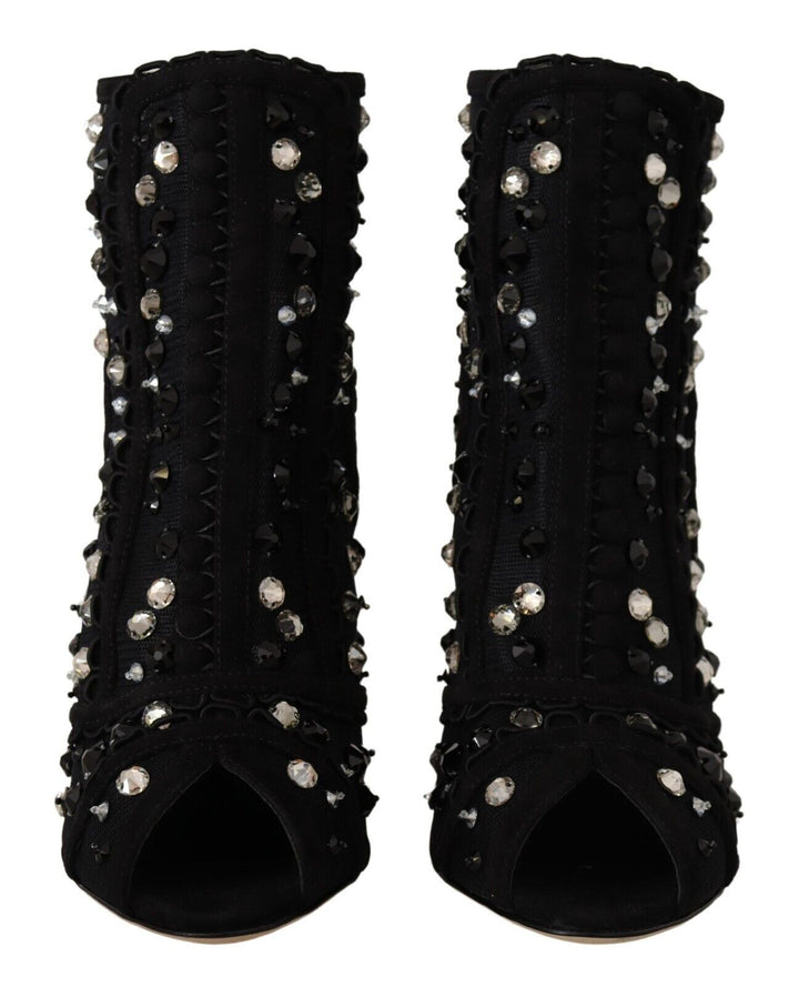 Dolce &amp; Gabbana Black Crystals Heels Zipper Short Boots Shoes