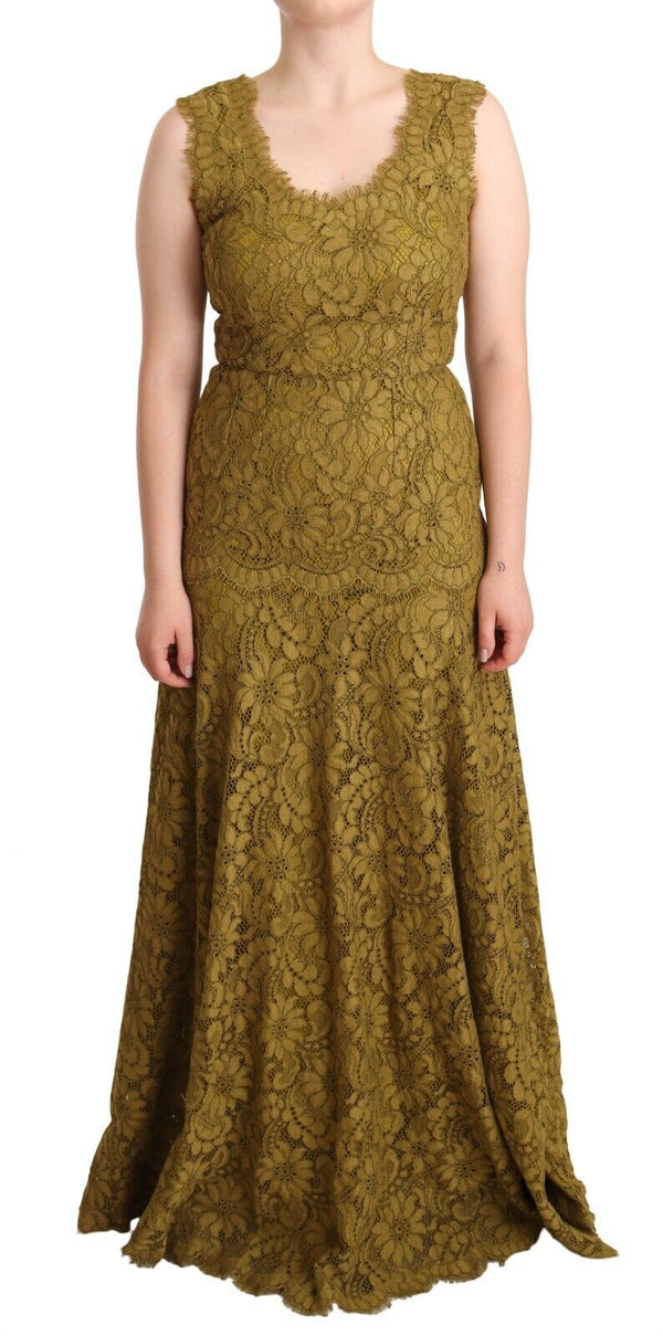 Dolce & Gabbana Brown Floral Lace Maxi Floor Length Dress women’s dress