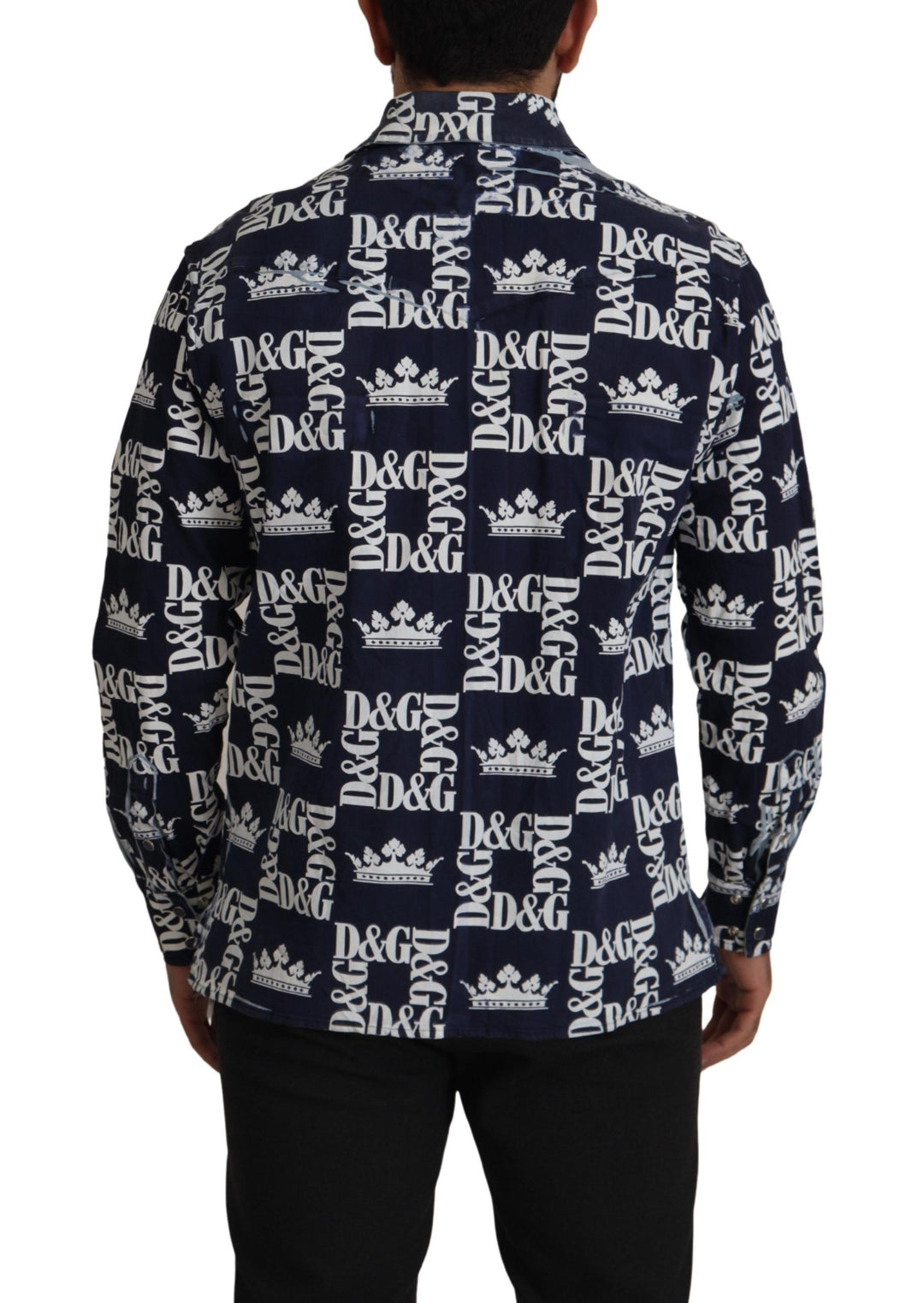 Dolce &amp; Gabbana Blue Denim Stretch DG Crown Logo Casual Shirt