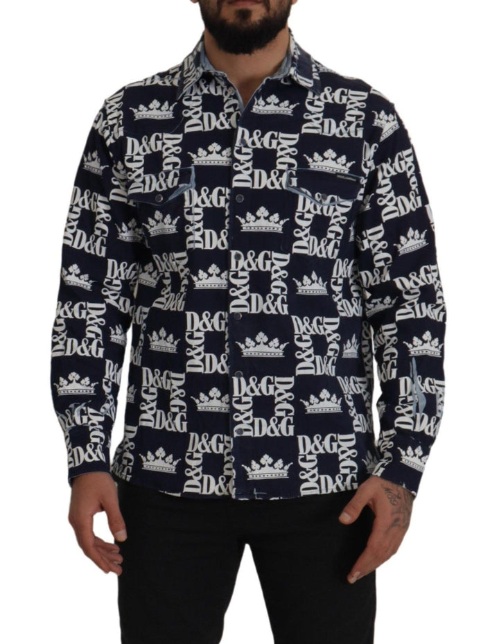 Dolce &amp; Gabbana Blue Denim Stretch DG Crown Logo Casual Shirt