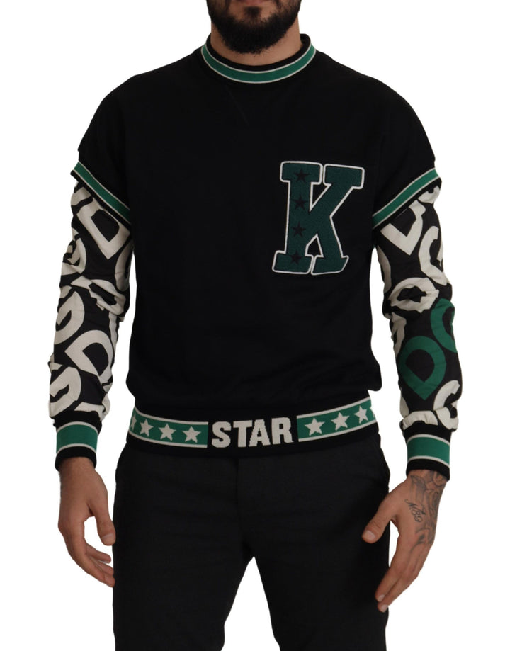 Dolce &amp; Gabbana Black Green Cotton KING Star Crewneck Pullover Sweater